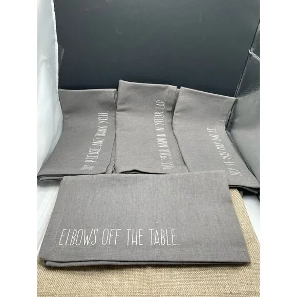 World Market Dinner Napkin Set Gray with Manners Wording 100% Cotton
