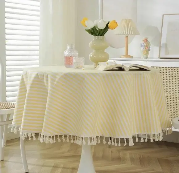Meioro Round Tablecloth Stripe Tassel Table Cloth Cotton 60