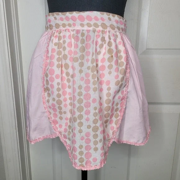 Vintage 1960's Half Apron Hostess Pink‎ Brown Polka Dot Tulip Design Grannycore