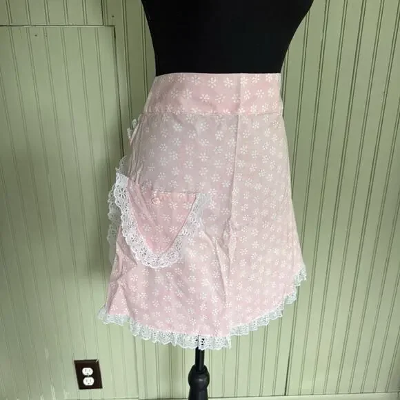 Vtg Hostess Half Apron Pink Floral MCM 50s Pocket Retro Tie Trad Cottage Lace
