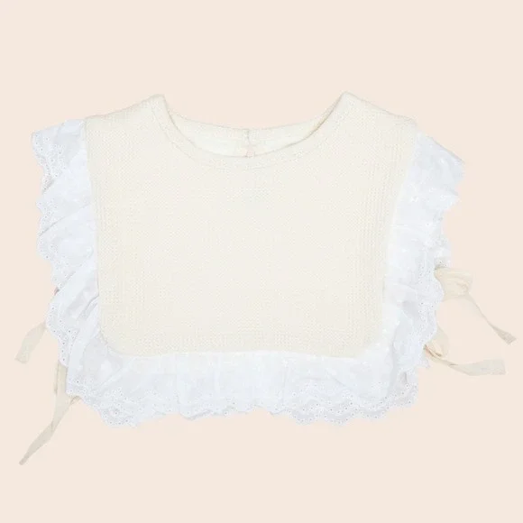 Cream Knit Eyelet Lace Ruffle Bib Vest Side Tie Scalloped Collar Cream White
