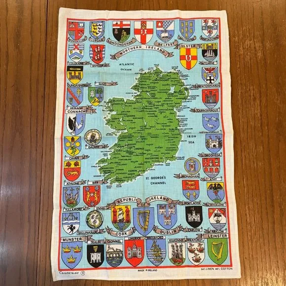 Lot 2 Vintage Irish Linen Cotton Tea Towels Ireland Map Poteen Made in Ireland