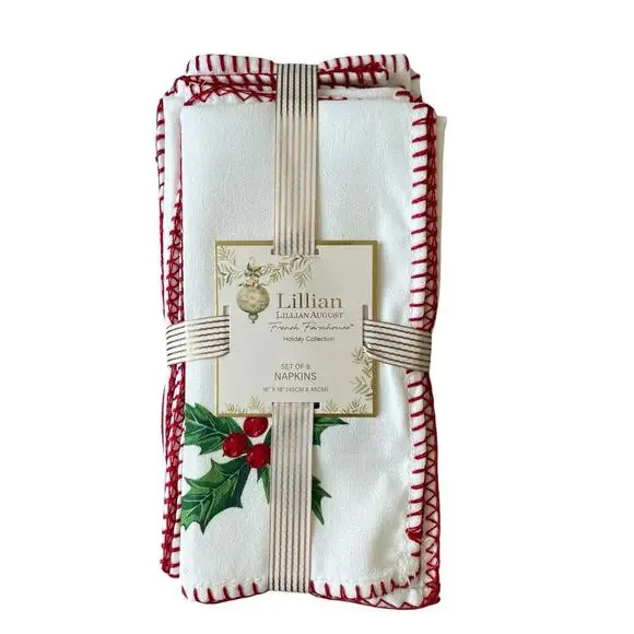 Lillian August Holly Berry Christmas Dinner Napkins Set of 8 Embroidered 18x18