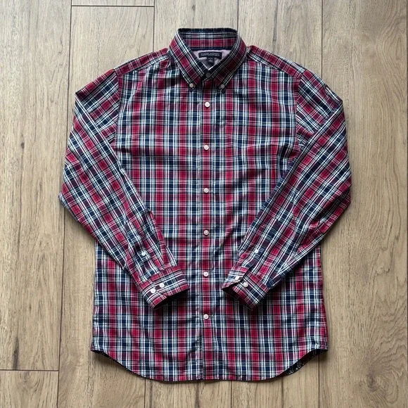 Banana Republic Non-Iron Tailored Slim Fit Red and Blue Plaid Button Down Large