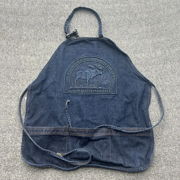 Embossed Apron Made In USA VTG Blue Denim Cotton Maine Moose Mountains