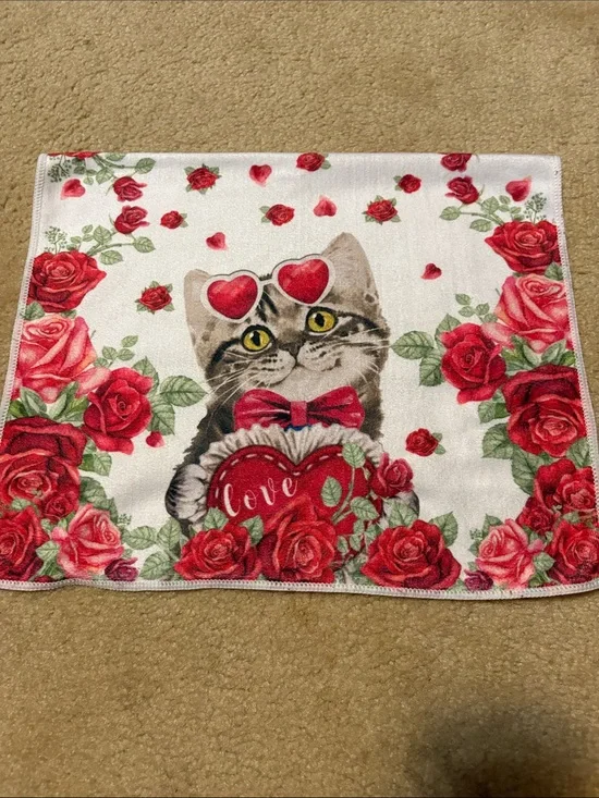 Valentine Cat Floral Kitchen Towel - Red & White