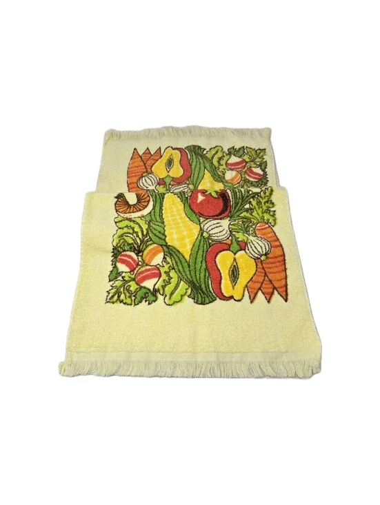 Vtg 70s Cannon Mushroom Toadstool Hand Dish Towel Terry Cloth Kitsch Yellow 25