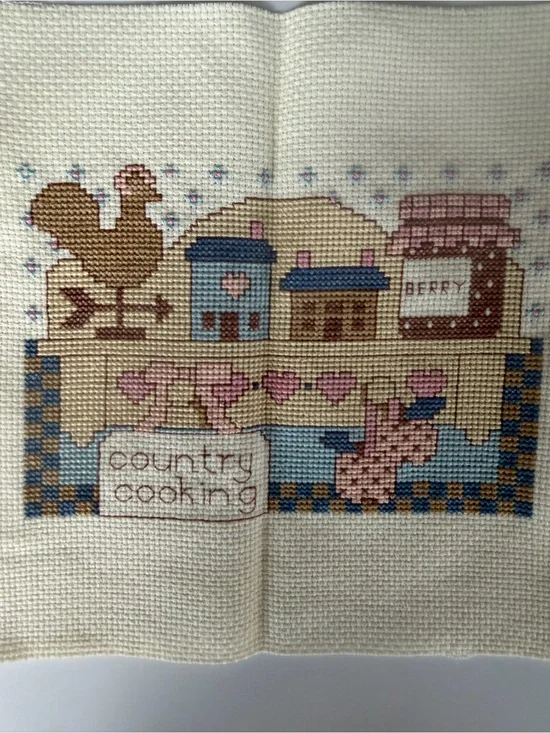Vintage Hand Crafted Country Kitchen Cross Stitch in Blue, Pink, Brown