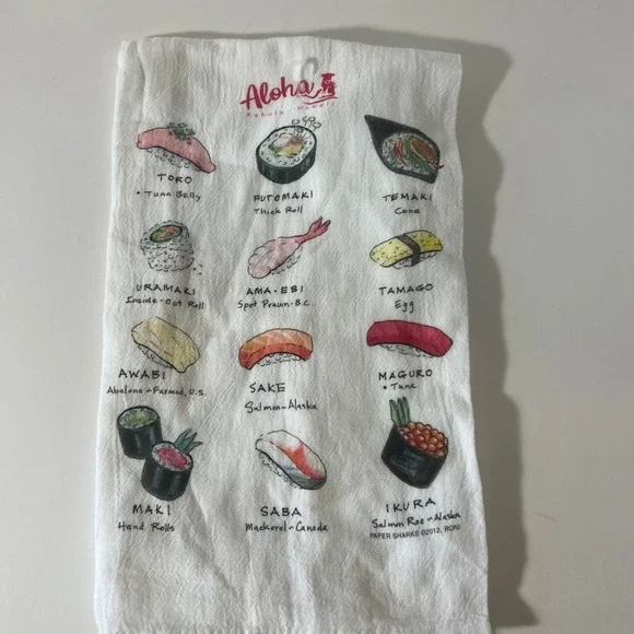 Aloha Kahala Hawaii Sushi Guide Tea Towel White Cotton Paper Sharks Roni Art