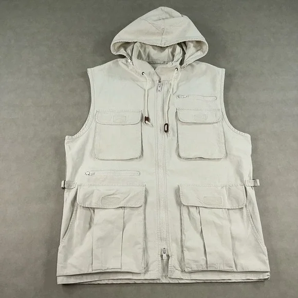 VTG Banana Republic Vest Mens Large Zip Safari Utility Cargo Pockets Stow Hood‎
