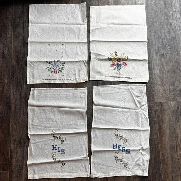 Vintage Hand Embroidered Tea Towels Set of 4 Floral His and‎ Hers White Cotton