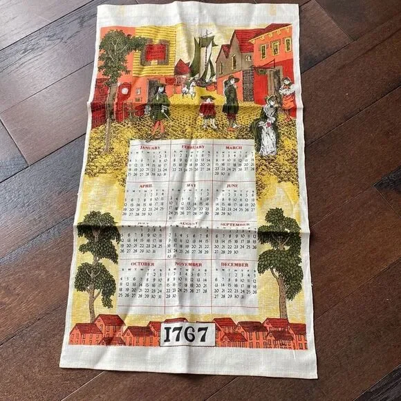 Vintage 1767 dish towel wall hanging calendar primitive farmhouse country‎