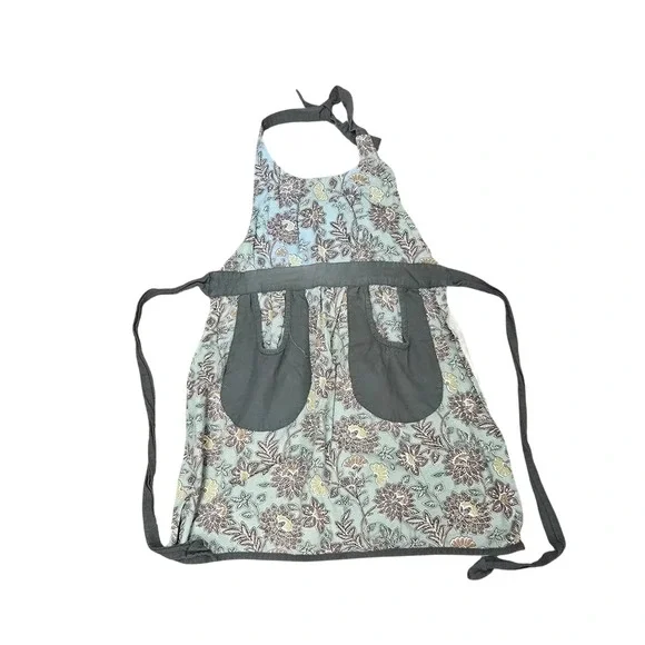 Milli Home Marsha Cutler Floral‎ Cotton Apron Teal Green Pockets 100% Cotton