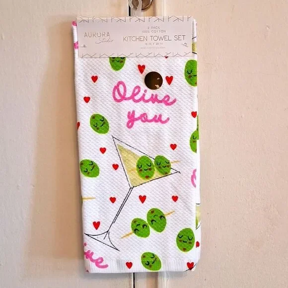 pun linens Olive you kitchen towels martini glass