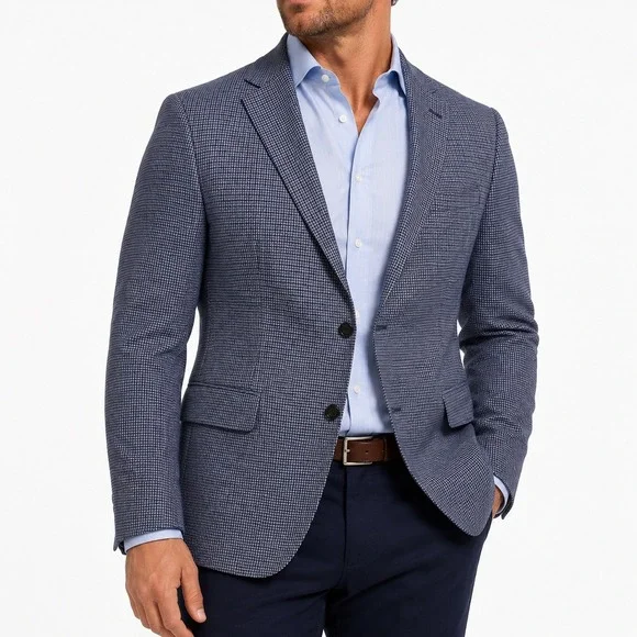 Banana Republic Blazer Mens 44R Blue Houndstooth Linen Blend Sport Coat Tailored