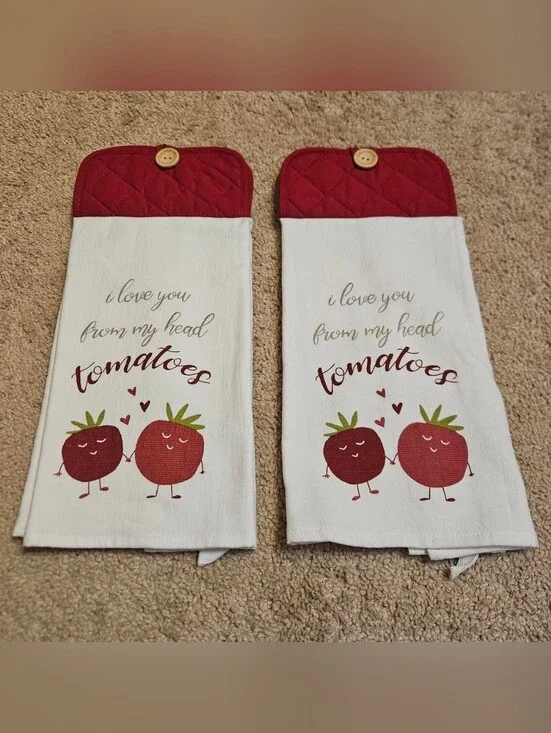 2 Handcrafted Potholders Attached To Towels | Red + White | Tomatoes