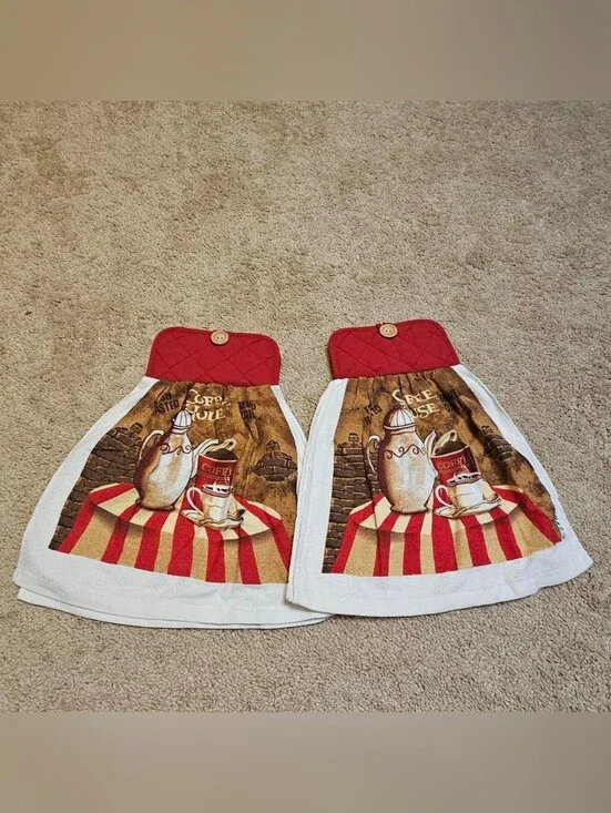 2 Handcrafted Towels Attached To Potholders | Red, White, Brown | Coffee