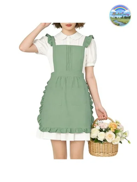 Vintage Ruffle Waist Apron with 2 Pockets, Cotton Tie Strap, Full Coverage