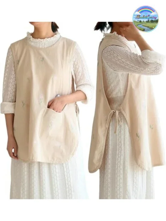 Cotton Cobbler Apron with Pocket Embroidered Flower Side Tie Soft Lightweight