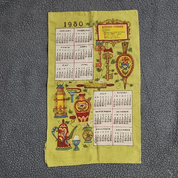 Vintage 1980 Calendar Kitchen Prayer Tea Towel Light Green