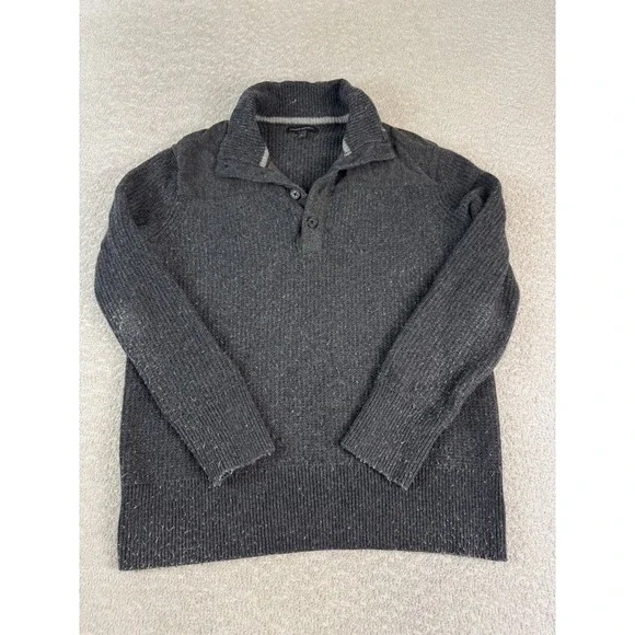 Banana Republic Sweater Mens Large Gray Half Button Pullover Wool Blend Rib Knit