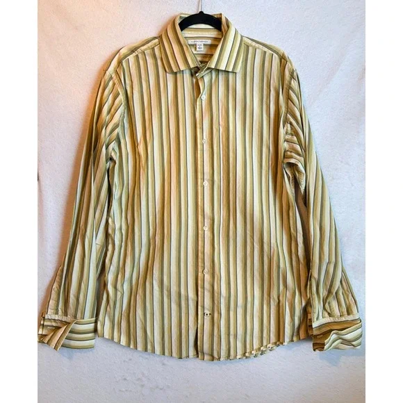Banana Republic Mens Large Green Tan Striped Cotton‎ Long Sleeve Button Up Shirt
