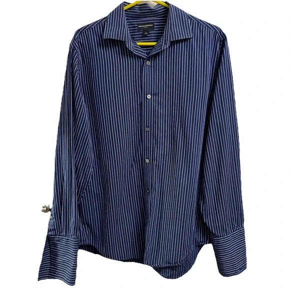 Banana Republic Men Long Sleeve Button Down Stripe Blue&White Dress Shirt‎ Sz.L