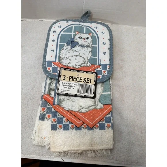 NWT B&D Royal Terry Kitchen Set White Vintage Persian Cat 3 Piece