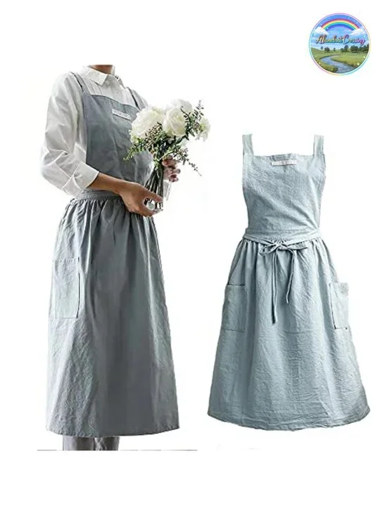 Cotton Linen Apron with Pockets Cross-Back Straps for Kitchen Gardening