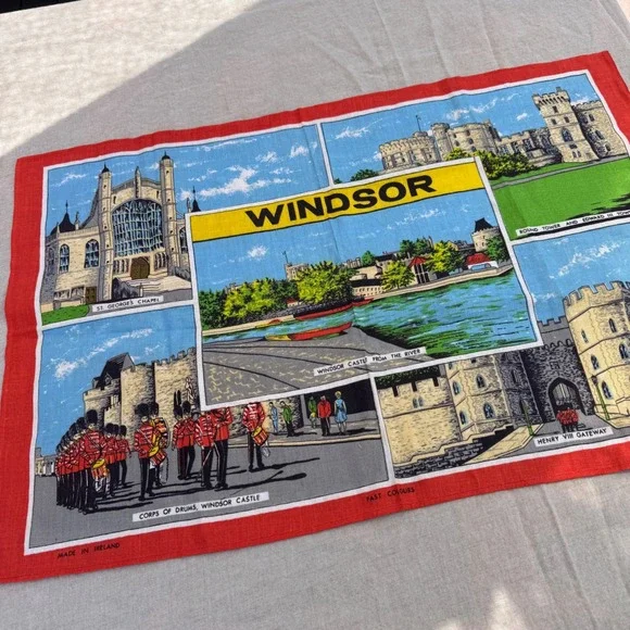Vintage Windsor Castle Tea Towel Linen Red Made Ireland Souvenir Royalcore 30x20