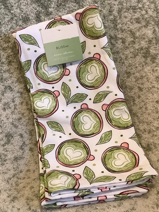 Bliss Green and Pink Matcha Latte Drinks Kitchen Towels Set of Two NWT Cotton