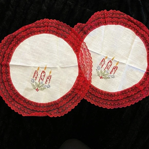 Set 2 Vtg Embroidered Christmas Doily Candle Lace Red White Kitsch Handmade 13