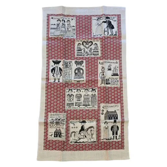 Vintage Kay Dee Hand Prints Linen Kitchen Towel Pat Ahern Amish Folk Art Red