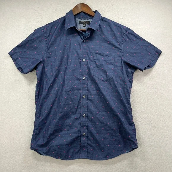 Banana Republic Shirt Men L Blue Red Star Dot Slim Short Sleeve Preppy Button Up