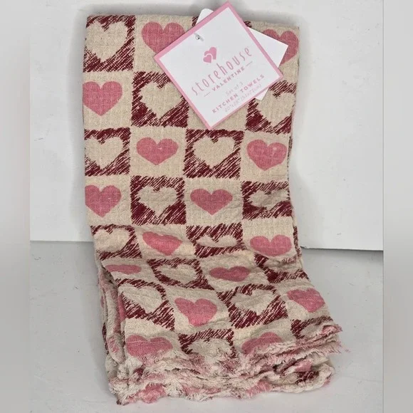 Storehouse Pink And Red Heart Checkered Pattern Kitchen‎ Hand Towels Valentine