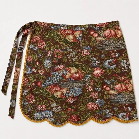 Vtg Floral Fruit Basket Half Apron Scalloped Crochet Cottagecore Brown Prairie