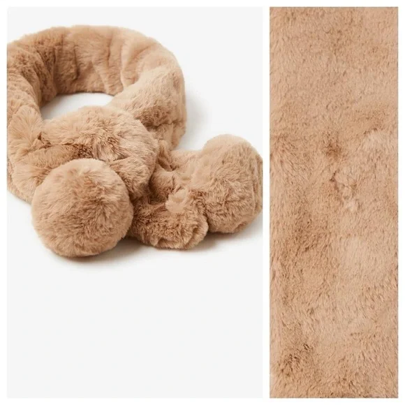 NWT. Zara Tan Faux fur scarf with pom-poms.