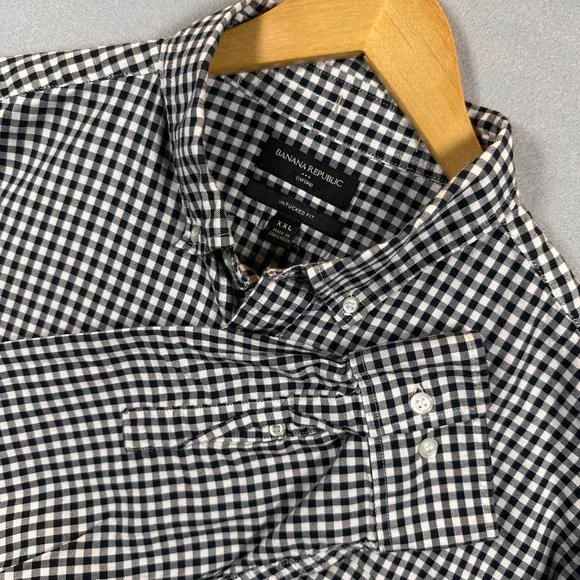 Mens XXL Banana Republic Oxford Untucked Fit Shirt Black White Gingham Check