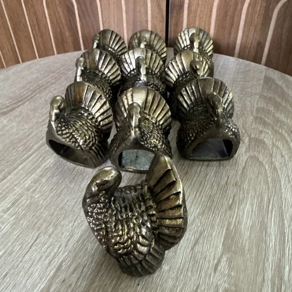 Vtg Set of 10 Brass Turkey Thanksgiving Holiday Quality Napkin Rings/Holders