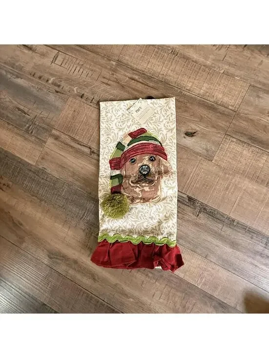 Pier 1 Imports‎ Christmas Golden Retriever/Lab Tea/Hand Towel  Embroidered NWT