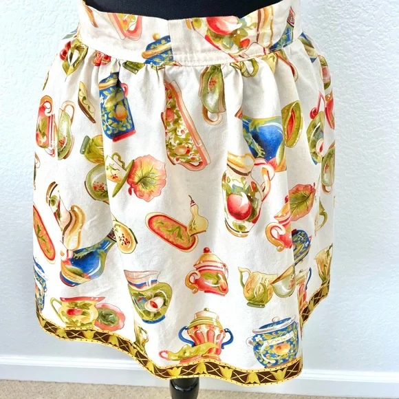 Vintage Cream Half Apron with Colorful Teapot & Utensil Motif