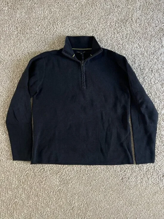 Y2K Banana Republic Quarter Zip 1/4 Zip Sweater Men Elbow Patch Cotton Black L
