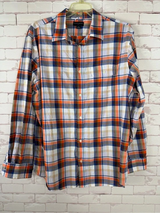 Banana Republic Orange, Blue & White Plaid Button-Down Shirt