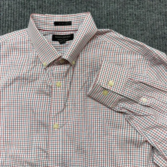 Banana Republic Tech Stretch Shirt Mens L Slim Fit Red Blue Plaid Button Down