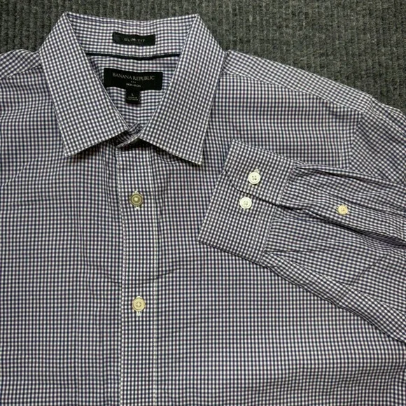 Banana Republic Non-Iron Shirt Mens L Slim Fit Blue Purple Gingham Button Down