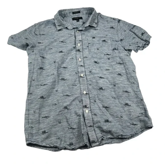 Banana Republic Mens Slim Fit Linen Shark Sailfish Print Shirt Blue Large 547