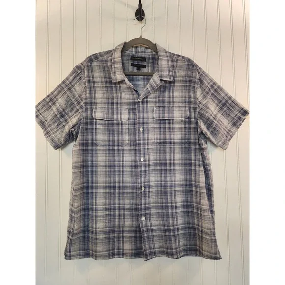 Banana Republic Mens L‎ Slim Fit Short Sleeve Plaid Button Down Shirt Blue Sheer