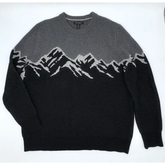 Banana Republic Italian Wool Ski Slope Crew‎ Black Gray Mountains Men XL Sweater