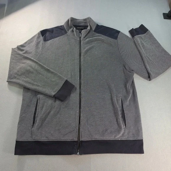 Banana Republic Mens XL Full Zip Mock Neck Jacket Gray Navy Blue Textured Knit