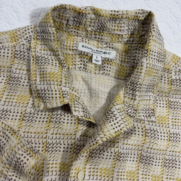 Banana Republic Shirt Mens L Yellow Geometric 100% Linen Short Sleeve Casual EUC